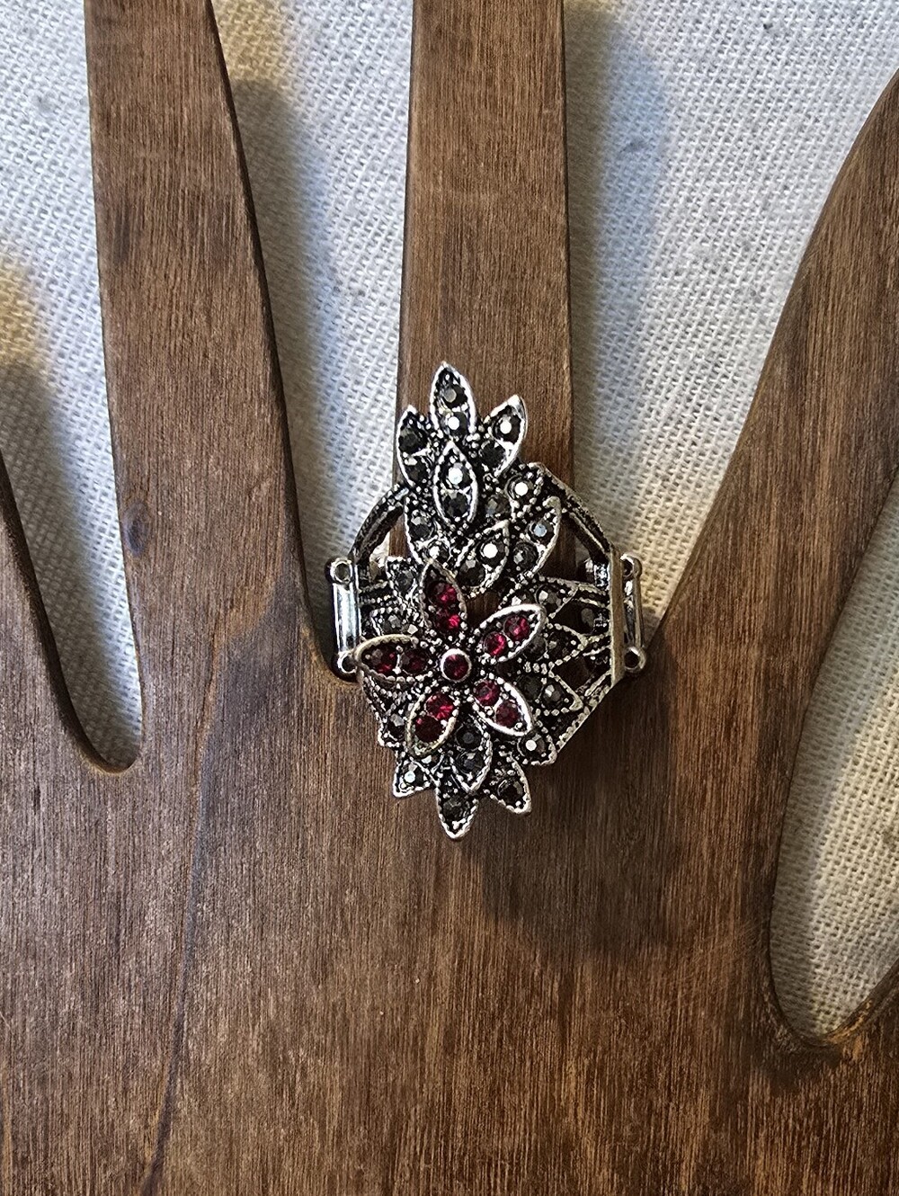 Silver Floral Statement Ring with Red Accents